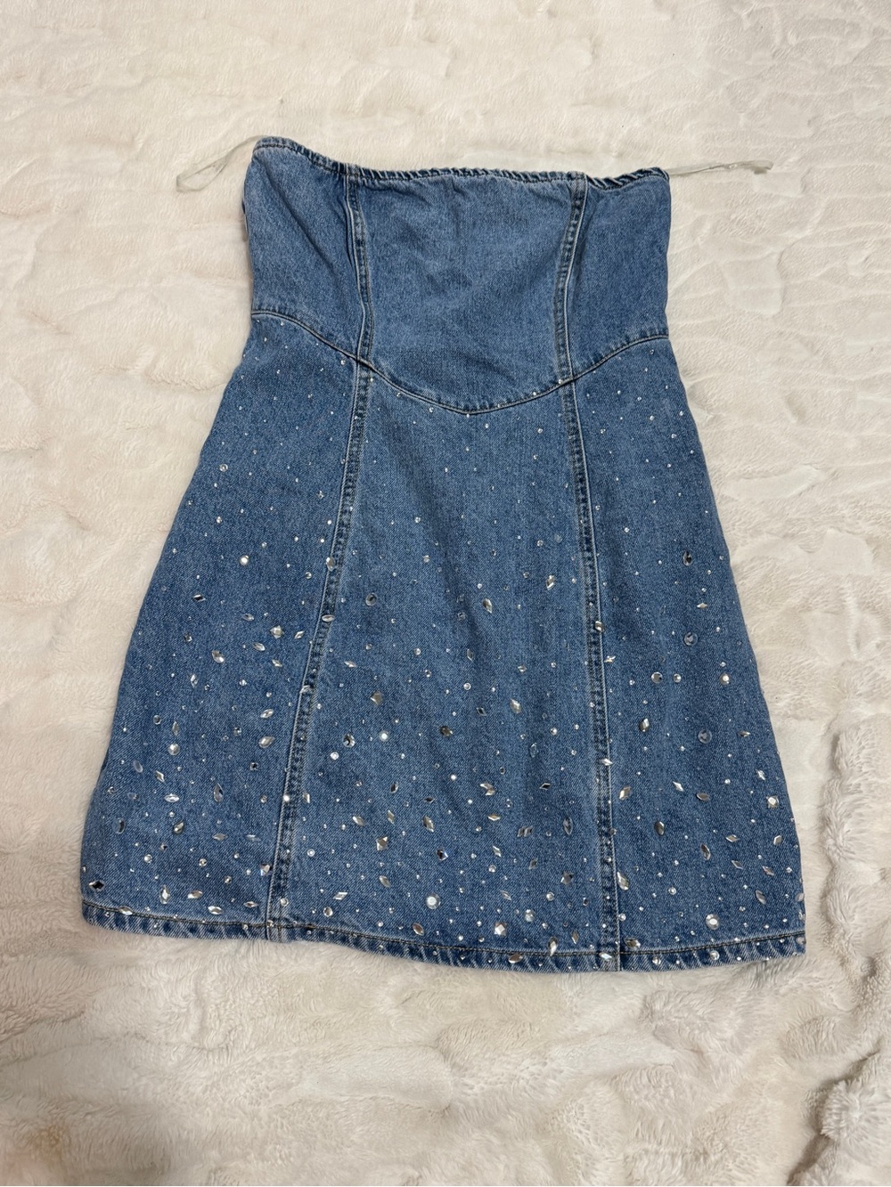Embellished Strapless Denim Mini Dress in Blue